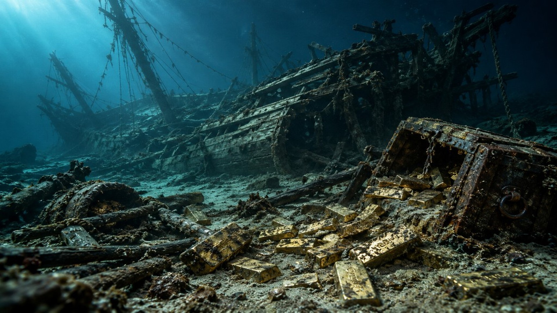 Underwater shipwreck with scattered gold bars